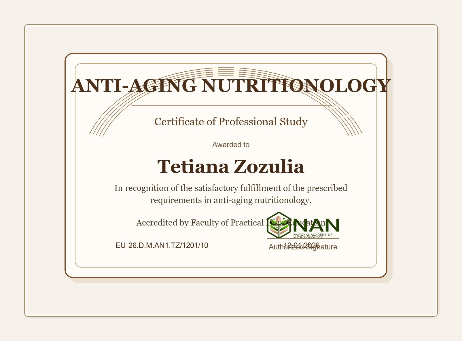 Anti-Aging Nutritionology Certificate